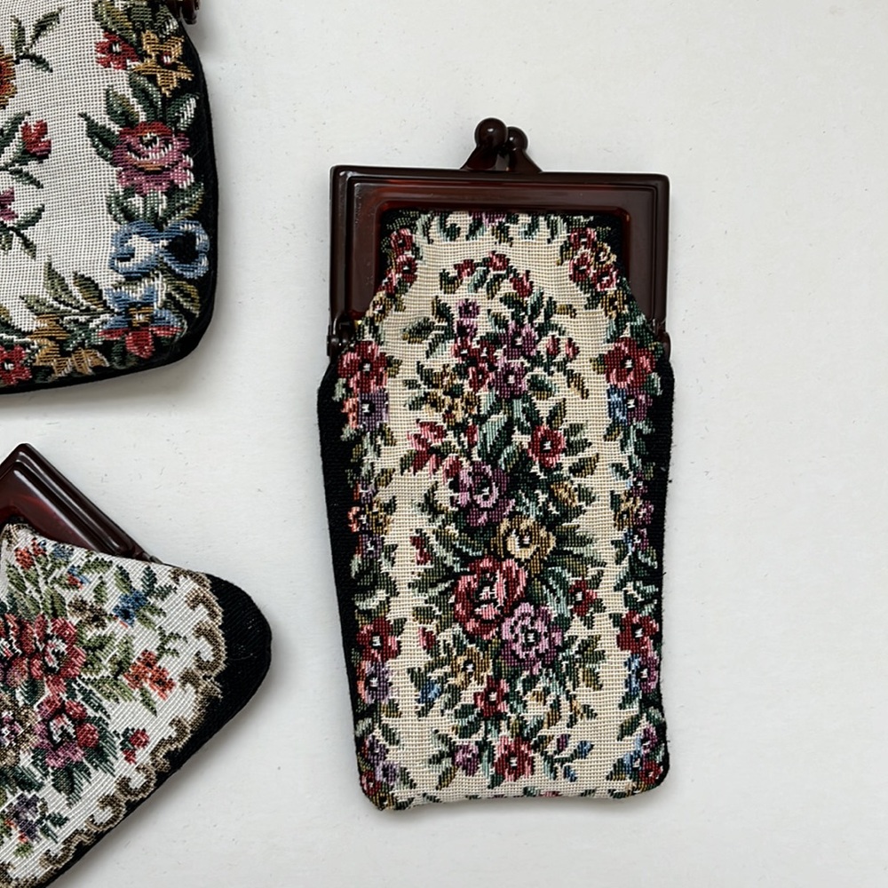 Vintage Tapestry Matching Set Purse Handbag Clutch Coin Purse Glasses Pouch 3pc - Picture 7 of 10